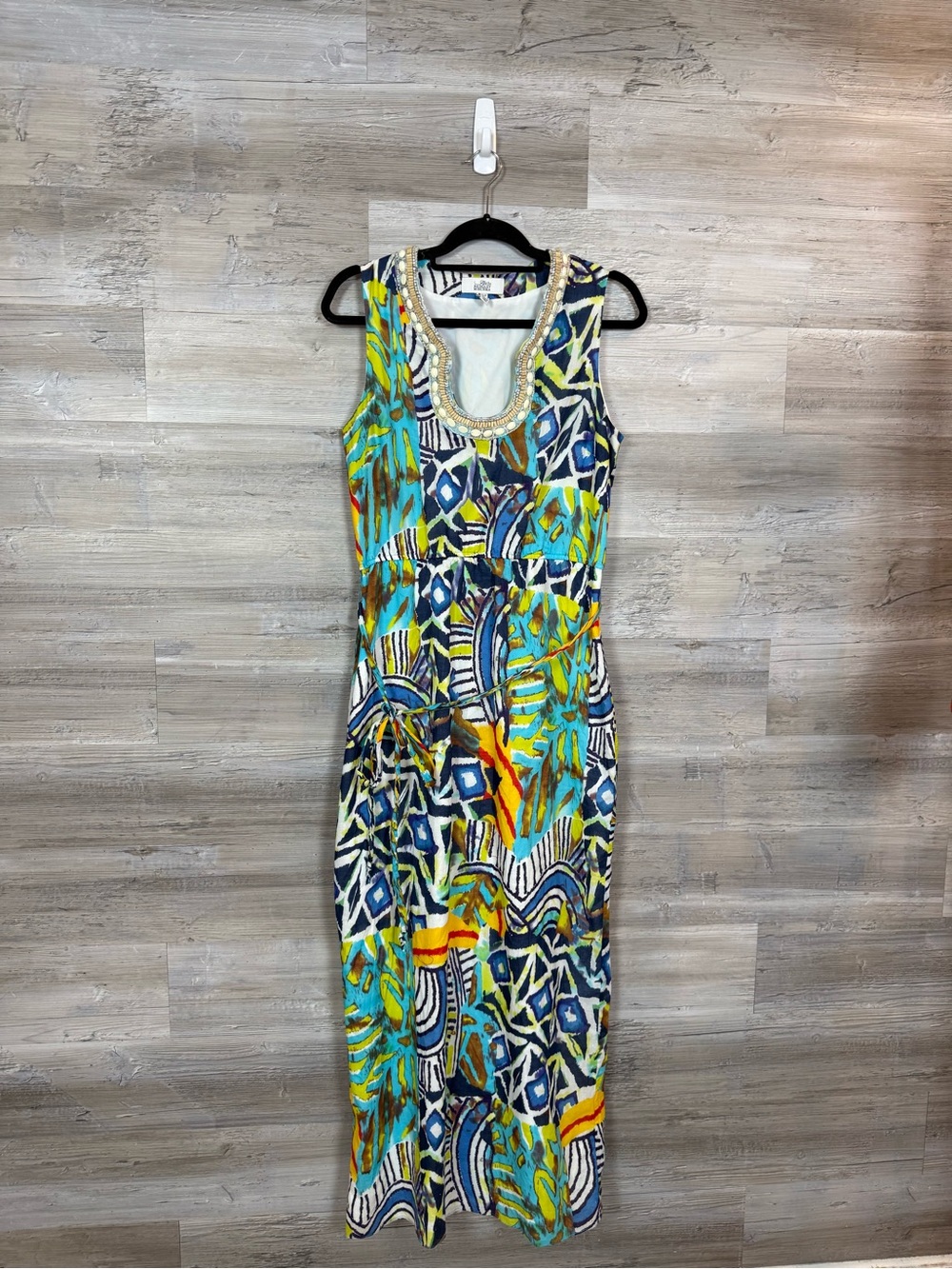 Belle Badgley Mischka Beaded Scoop Neck Abstract Maxi Dress Cotton Sz 12